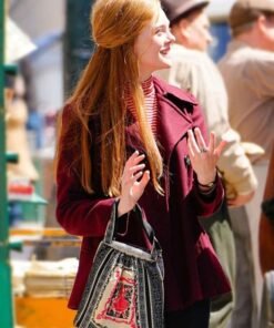 A Complete Unknown Elle Fanning Maroon Pea Coat