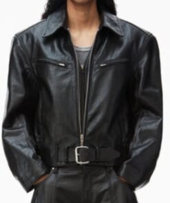 Hailey Bieber Oversized Bomber Black Leather Jacket Hailey Bieber Oversized Bomber Black Leather Jacket