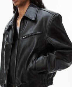 Hailey Bieber Oversized Bomber Black Leather Jacket Hailey Bieber Oversized Bomber Black Leather Jacket