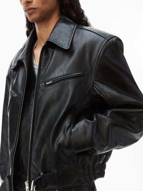 Hailey Bieber Oversized Bomber Black Leather Jacket Hailey Bieber Oversized Bomber Black Leather Jacket - Image 4