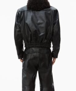 Hailey Bieber Oversized Bomber Black Leather Jacket Hailey Bieber Oversized Bomber Black Leather Jacket