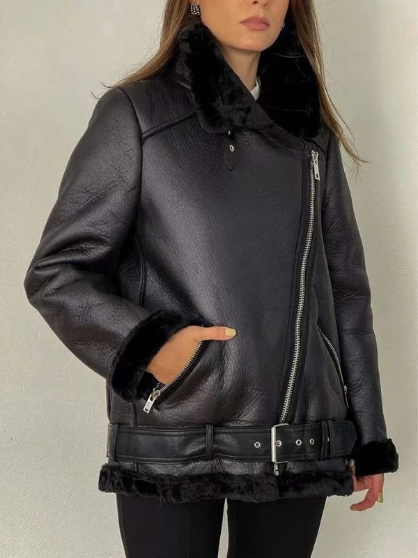 Women Thick Sheepskin Fur Leather Long Jacket Women Thick Sheepskin Fur Leather Long Jacket - Image 2