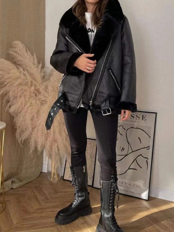 Women Thick Sheepskin Fur Leather Long Jacket Women Thick Sheepskin Fur Leather Long Jacket - Image 3
