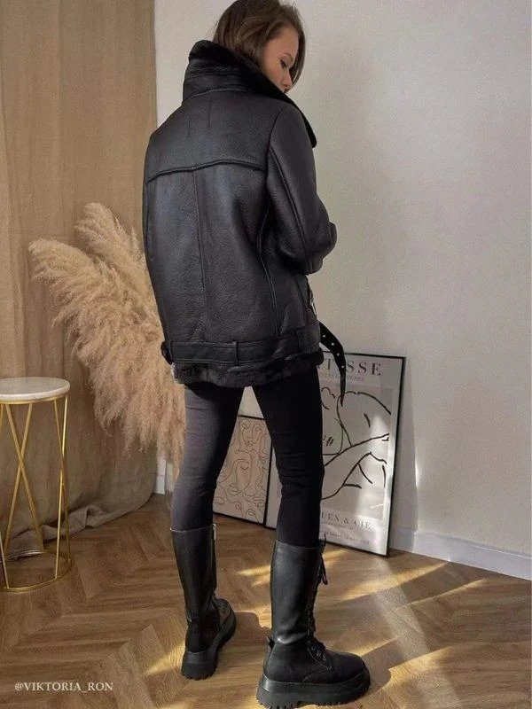 Women Thick Sheepskin Fur Leather Long Jacket Women Thick Sheepskin Fur Leather Long Jacket - Image 4