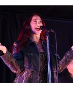 Dua Lipa Distressed Black Leather Coat