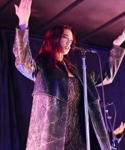 Dua Lipa Distressed Black Leather Coat