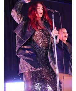 Dua Lipa Distressed Black Leather Coat