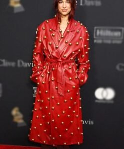 Dua Lipa Pre-grammy Gala Red Leather Coat