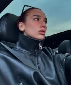 Dua Lipa Stylish Oversized Black Leather Jacket