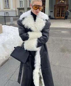 Elsa Hosk Black Shearling Leather Coat