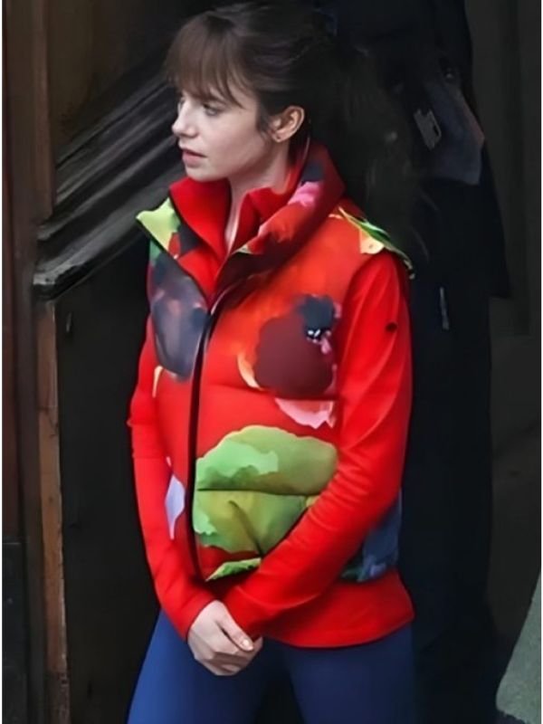 Emily In Paris S04 Lily Collins Red Puffer Vest Emily In Paris S04 Lily Collins Red Puffer Vest