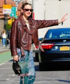 Gigi Hadid Maroon Biker Leather Jacket
