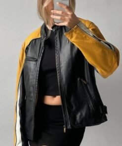 Hailey Bieber Black and Yellow Leather Jacket