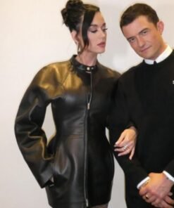 Katy Perry Oversized Black Leather Coat