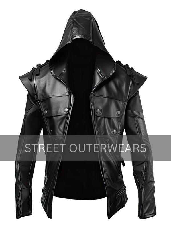 Men's Black Hooded Steampunk Gothic Leather Jacket Men's Black Hooded Steampunk Gothic Leather Jacket