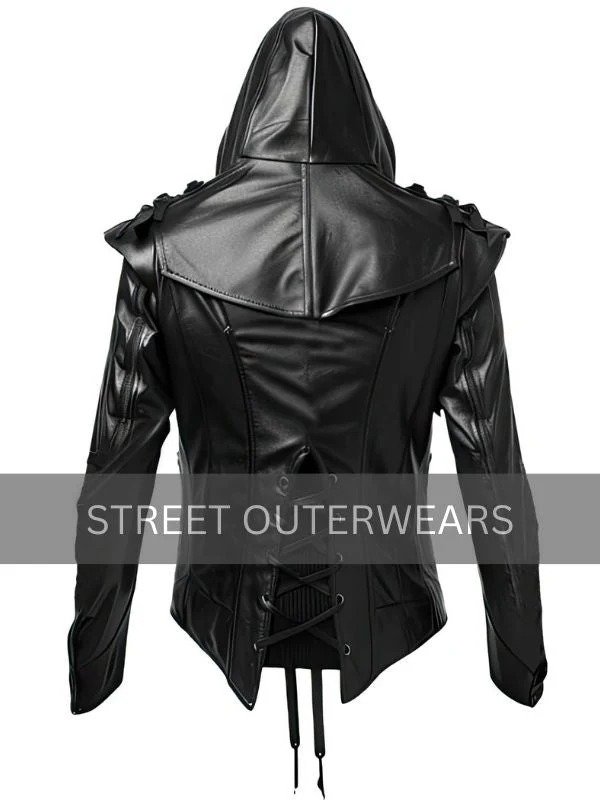 Men's Black Hooded Steampunk Gothic Leather Jacket Men's Black Hooded Steampunk Gothic Leather Jacket - Image 2