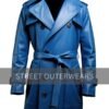 Men's Sapphire Blue Fashionable Belted Leather Coat