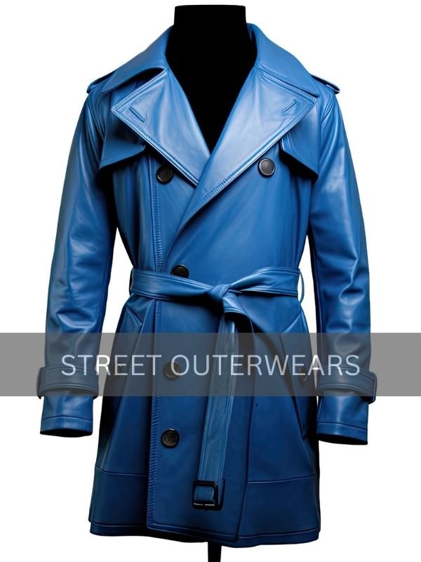 Men's Sapphire Blue Fashionable Belted Leather Coat Men's Sapphire Blue Fashionable Belted Leather Coat