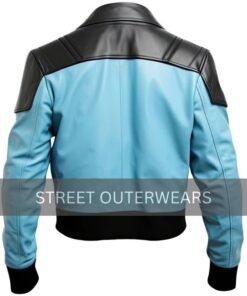 Alternative view of Mens Sky Blue and Black Biker Cafe Racer Bomber Leather Jacket