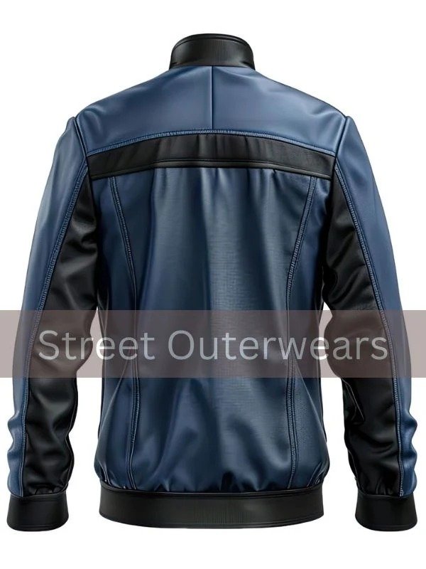 Mens Black and Blue Genuine Sheepskin Cafe Racer Leather Jacket Mens Black and Blue Genuine Sheepskin Cafe Racer Leather Jacket - Image 2