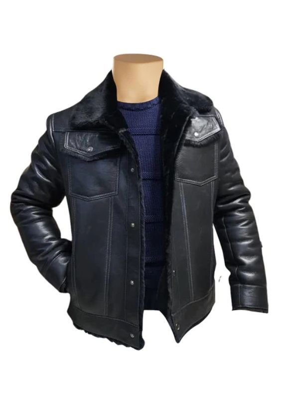 Mens Black Trucker Style Shearling Jacket Mens Black Trucker Style Shearling Jacket - Free Shipping
