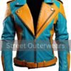 Mens Blue And Mustard Yellow Moto Rider Leather Jacket