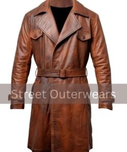 Mens Distressed Brown Leather Long Overcoat