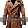 Mens Distressed Double-Breasted Brown Leather Coat
