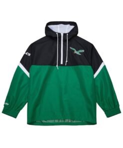 Mens Mitchell Ness Black Green Philadelphia Eagles Tie Breaker Vintage Logo Lightweight Anorak Half Zip Windbreaker Jacket