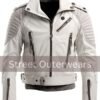 Mens Off White Cafe Racer Belted Biker Leather Jacket