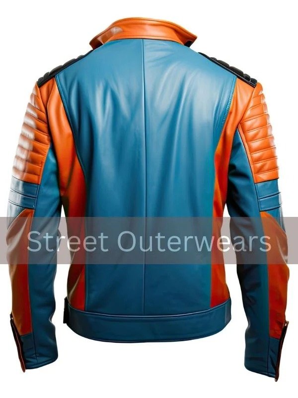 Mens Orange And Blue Quilted Fashionable Sporty Leather Jacket Mens Orange And Blue Quilted Fashionable Sporty Leather Jacket - Image 2