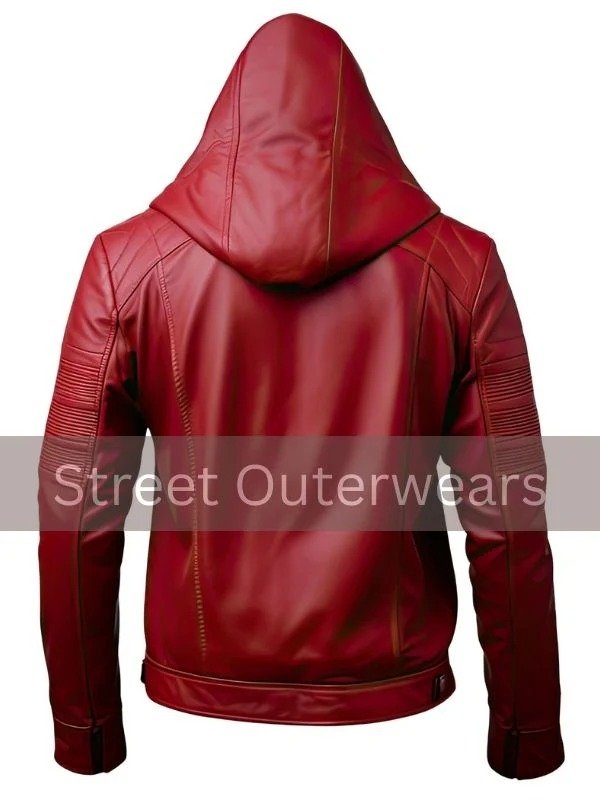 Mens Red Genuine Sheepskin Hooded Leather Jacket Mens Red Genuine Sheepskin Hooded Leather Jacket - Image 2