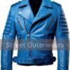 Womens Black Classy Double Breasted Motorbike Leather Jacket Mens Royal Blue Asymmetric Crossover Slim Fit Leather Jacket
