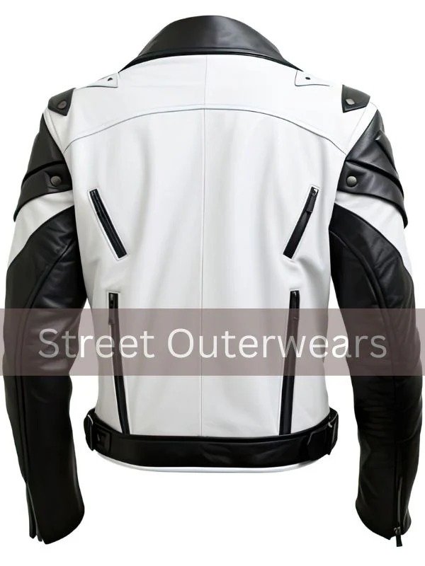 Mens White and Black Biker Racer Leather Jacket Mens White and Black Biker Racer Leather Jacket - Image 2