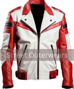 Mens White and Red Multicolor Cafe Racer Biker Leather Jacket
