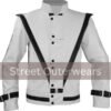 Mens White Quilted Shoulders Black Strips Cosplay Leather Jacket