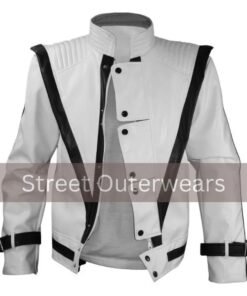 Mens White Quilted Shoulders Black Strips Cosplay Leather Jacket