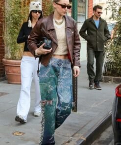 Gigi Hadid Maroon Biker Leather Jacket