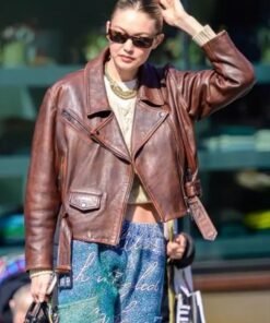Gigi Hadid Maroon Biker Leather Jacket