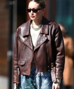 Gigi Hadid Maroon Biker Leather Jacket