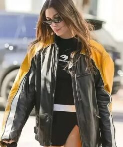 Alternative view of Hailey Bieber Black and Yellow Leather Jacket