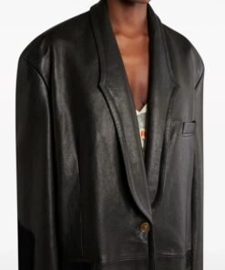 Elsa Hosk Biker Black Leather Long Blazer