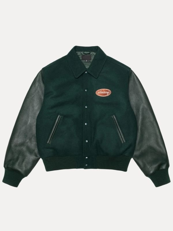 激安出品　stüssy ダークグリーン スタジャン stussy ステューシー 】スタジャン グリーン 袖フェイクレザー 定価