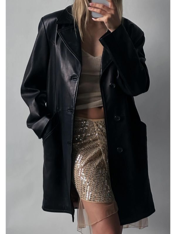 Vintage Oversized Long Black Leather Jacket Vintage Oversized Long Black Leather Jacket