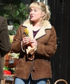 We live in Time Florence Pugh Brown Shearling Jacket