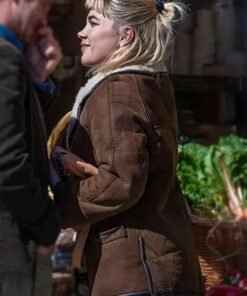 We live in Time Florence Pugh Brown Shearling Jacket