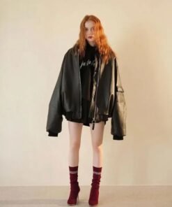 90s Oversized Bomber Black Leather Jacket