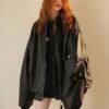 Women 90s Oversized Bomber Black Leather Jacket