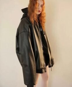 Alternative view of Women 90s Oversized Bomber Black Leather Jacket