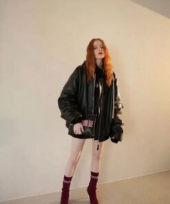 90s Oversized Bomber Black Leather Jacket